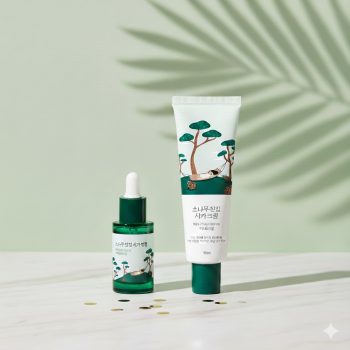 Набір доглядової косметики від бренду ROUND LAB з серії Pine Calming Cica + заколка від Flower Knows у подарунок на вибір (сироватка+крем+пінка для вмивання)